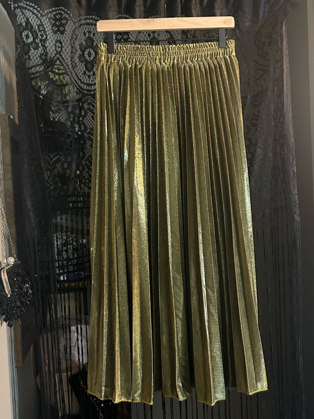 ASOS Curve Metallic Olive Green Pleated Midi Skirt